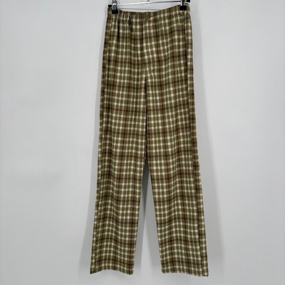 Brandy‎ Melville Noelia Plaid Pants Green Brown Straight Leg High Waist Medium